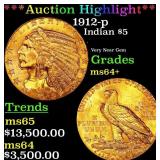 *Highlight* 1912-p Gold Indian Half Eagle $5 Choic