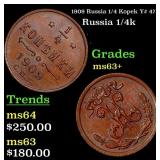 1909 Russia 1/4 Kopek Y# 47.1 Grades Select+ Unc