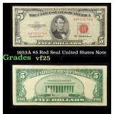1953A $5 Red Seal United States Note Grades vf+