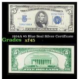 1934A $5 Blue Seal Silver Certificate Grades xf+