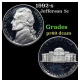 1992-s Proof Jefferson Nickel 5c Grades GEM++ Proo