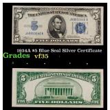 1934A $5 Blue Seal Silver Certificate Grades vf++