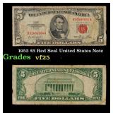 1953 $5 Red Seal United States Note Grades vf+