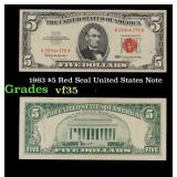 1963 $5 Red Seal United States Note Grades vf++