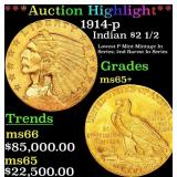 *Highlight* 1914-p Gold Indian Quarter Eagle $2 1/