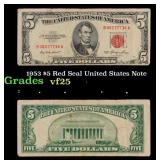 1953 $5 Red Seal United States Note Grades vf+