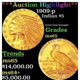 *Highlight* 1909-p Gold Indian Half Eagle $5 GEM U