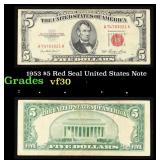1953 $5 Red Seal United States Note Grades vf++