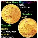 *Highlight* 1909-p Gold Indian Half Eagle $5 GEM U