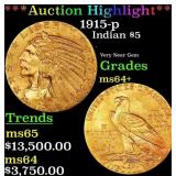 *Highlight* 1915-p Gold Indian Half Eagle $5 Choic