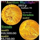 *Highlight* 1911-p Gold Indian Half Eagle $5 Choic