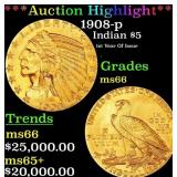 *Highlight* 1908-p Gold Indian Half Eagle $5 GEM+