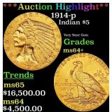 *Highlight* 1914-p Gold Indian Half Eagle $5 Choic