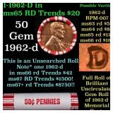 BU Shotgun Lincoln 1c roll, 1962-d 50 pcs Bank Wra