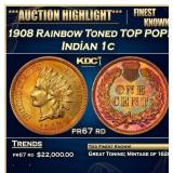 1908 Proof Indian Cent Rainbow Toned TOP POP! 1c p