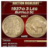 1937-d 3 Leg Buffalo Nickel 5c Select Unc USCG