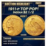 1911-p Gold Indian Quarter Eagle TOP POP! $2 1/2 G