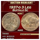 1937-d 3 Leg Buffalo Nickel 5c ms62 USCG
