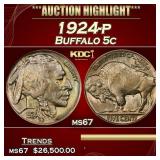 1924-p Buffalo Nickel 5c ms67 SEGS