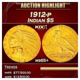 1912-p Gold Indian Half Eagle $5 ms65+ USCG