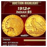 1912-p Gold Indian Half Eagle $5 ms65+ SEGS