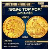 1909-d Gold Indian Half Eagle TOP POP! $5 GEM+ Unc