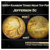 1945-p Jefferson Nickel Rainbow Toned Near Top Pop