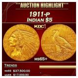 1911-p Gold Indian Half Eagle $5 ms65+ USCG