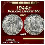 1944-p Walking Liberty Half Dollar 50c ms67 SEGS