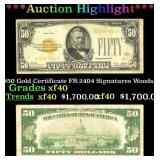 1928 $50 Gold Certificate FR-2404 Signatures Woods
