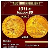 1911-p Gold Indian Half Eagle $5 ms64+ USCG