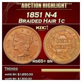 1851 Braided Hair Large Cent N-4 1c ms65+ bn SEGS