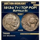 1913-d Ty I Buffalo Nickel TOP POP! 5c ms68 SEGS
