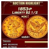 1853-p Gold Liberty Quarter Eagle $2 1/2 ms64+ SEG