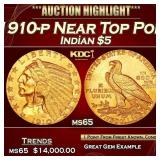 1910-p Gold Indian Half Eagle Near Top Pop! $5 ms6