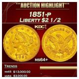 1851-p Gold Liberty Quarter Eagle $2 1/2 ms64+ SEG