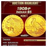 1908-p Gold Indian Half Eagle $5 ms65+ USCG