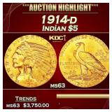 1914-d Gold Indian Half Eagle $5 ms63 USCG