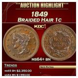 1849 Braided Hair Large Cent 1c ms64+ bn SEGS