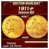 1911-p Gold Indian Half Eagle $5 ms64 USCG