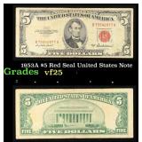 1953A $5 Red Seal United States Note Grades vf+