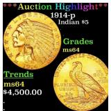 *Highlight* 1914-p Gold Indian Half Eagle $5 ms64