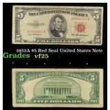 1953A $5 Red Seal United States Note Grades vf+
