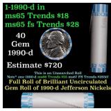 BU Shotgun Jefferson 5c roll, 1990-d 40 pcs Bank $