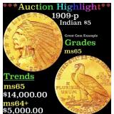 *Highlight* 1909-p Gold Indian Half Eagle $5 ms65