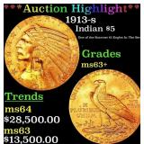 *Highlight* 1913-s Gold Indian Half Eagle $5 ms63+
