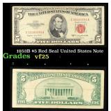 1953B $5 Red Seal United States Note Grades vf+