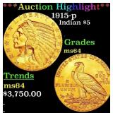*Highlight* 1915-p Gold Indian Half Eagle $5 ms64