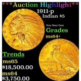 *Highlight* 1911-p Gold Indian Half Eagle $5 ms64+