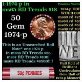 BU Shotgun Lincoln 1c roll, 1974-p 50 pcs Bank Wra